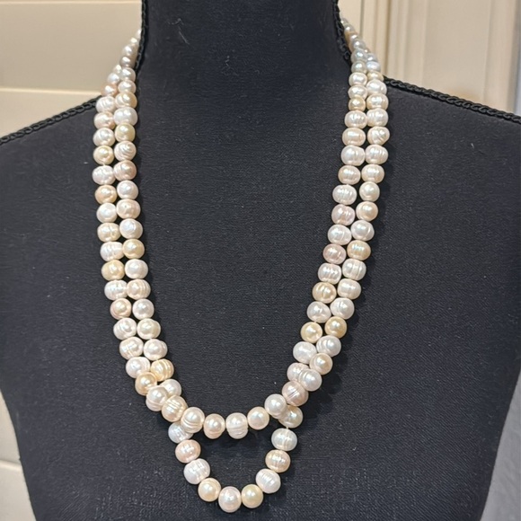 Vintage Freshwater Baroque Circle Pearl Necklace Double Strand Silver toggle 25” - Picture 12 of 15